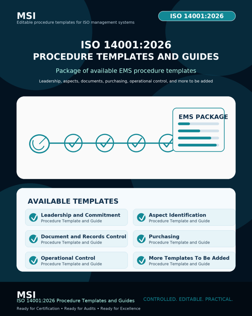 MSI Transition ISO 14001:2026 Procedure Templates and Guides Package — editable EMS procedures with worked examples, records, and the new Clause 6.3 change process