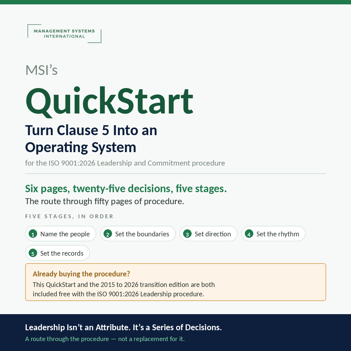 Cover of the MSI ISO 9001:2026 Leadership and Commitment QuickStart