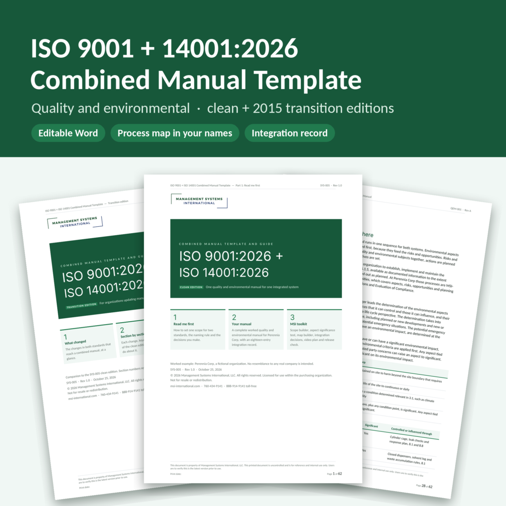 ISO 9001 14001 combined manual template for the 2026 editions (SYS-005) by MSI