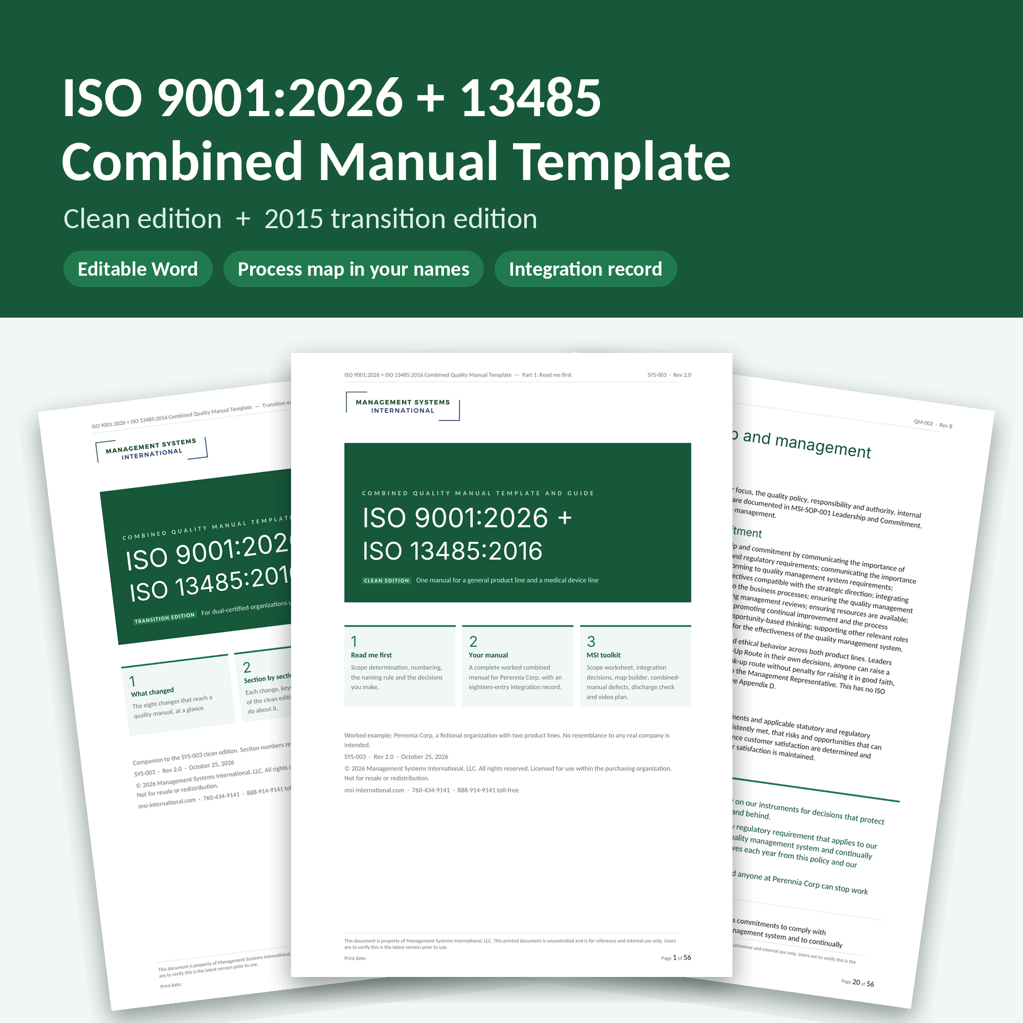 Combined ISO 9001:2026 and ISO 13485 Quality Manual template (SYS-003)